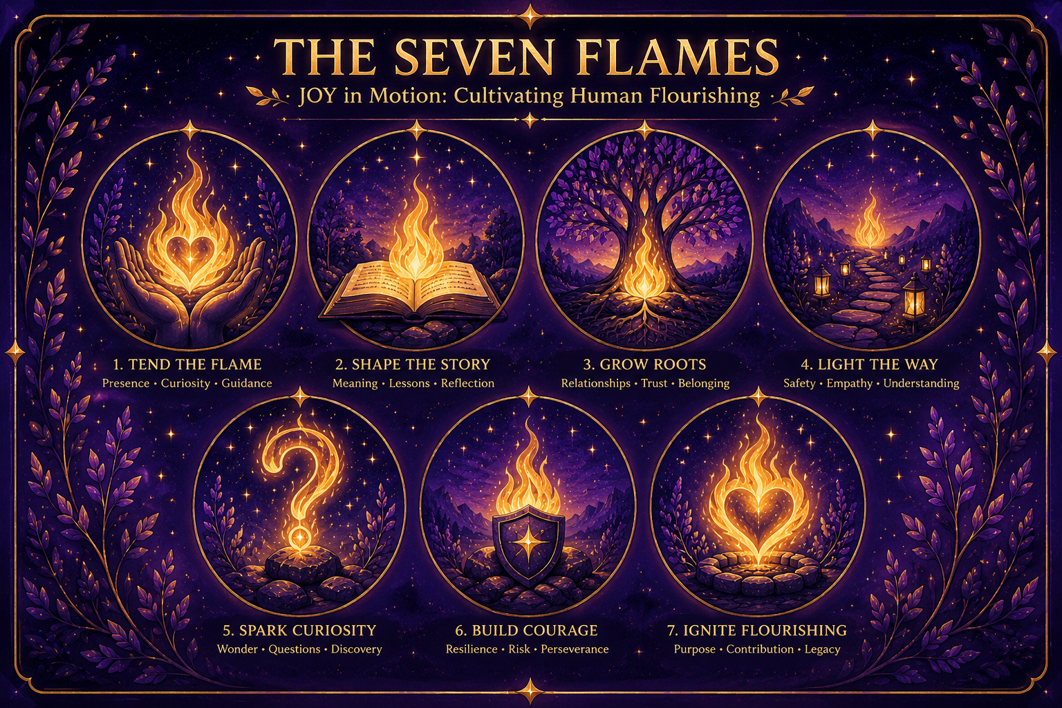 The Seven Flames of EmberWood — Tend the Flame, Shape the Story, Grow Roots, Light the Way, Spark Curiosity, Build Courage, Ignite Flourishing.