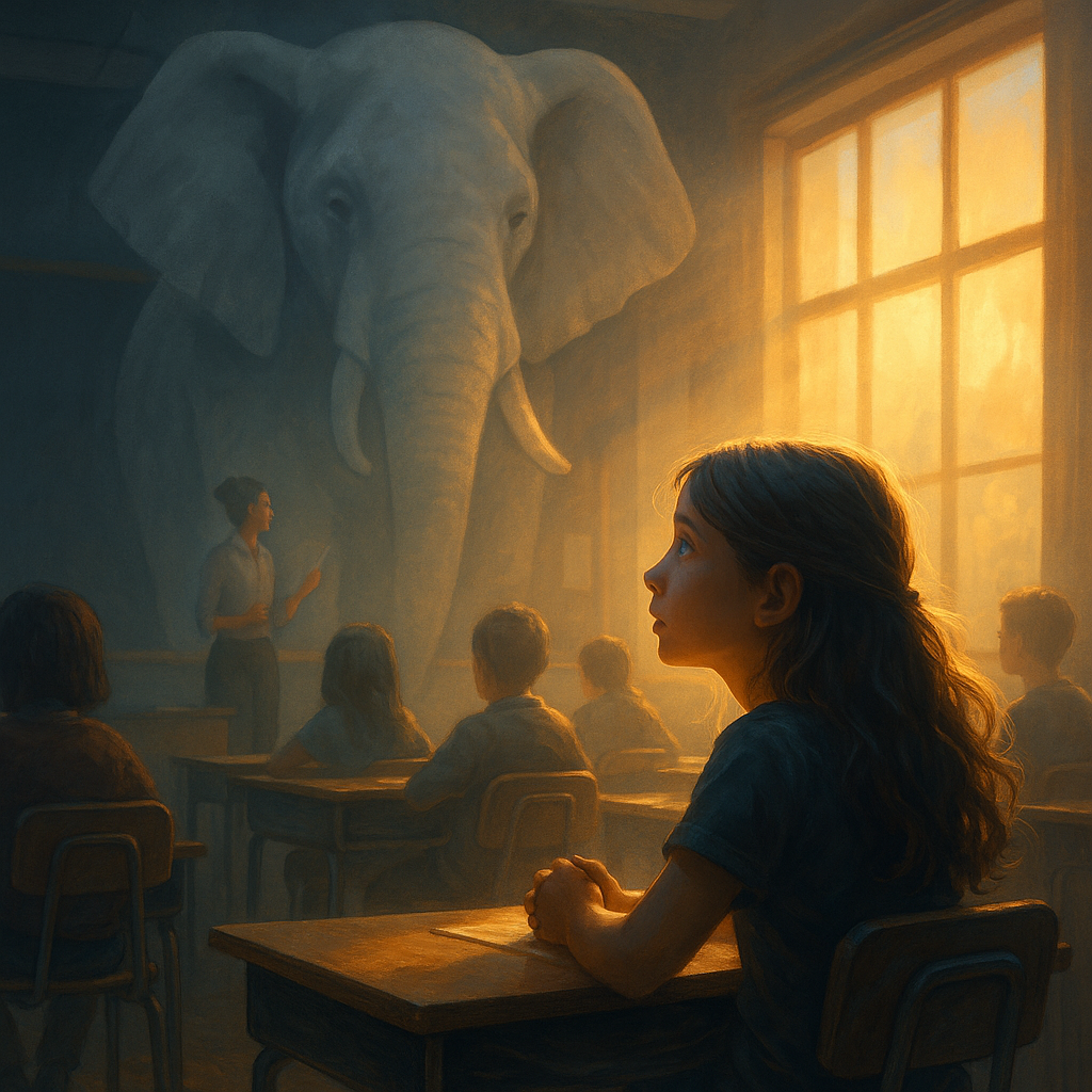A girl at her classroom desk beside a luminous, almost translucent elephant only she seems to notice
