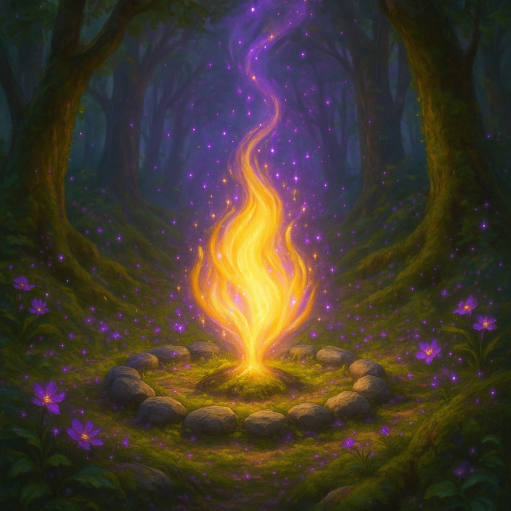 A small joyful flame rising from a stone circle in a forest, sparks drifting upward through twilight