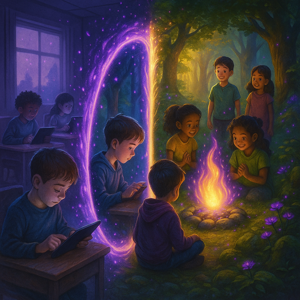 Children stepping through a glowing portal from a screen-lit classroom into a firelit forest clearing where other children play together